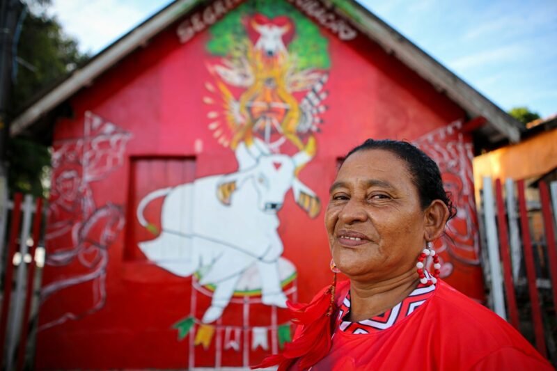 Maria Aldiney, torcedora do Boi Garantido (Foto: Lucas Silva/Amazonastur ) Casa de torcedores apaixonados pelos bumbás atraem os olhares de visitantes