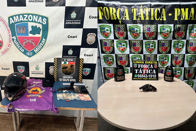 Materiais ilícitos apreendidos (Fotos: Divulgação/PMAM) PM prende três homens com armas de fogo e drogas em Coari