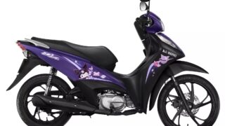 Honda Biz Kuromi tem pintura roxa e grafismos inspirados na personagem. (Foto: Honda/Divulgação)